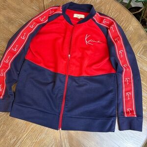 Vintage Karl Kani Red And Navy Track Jacket Bomber Zip Up Logo Spell Out